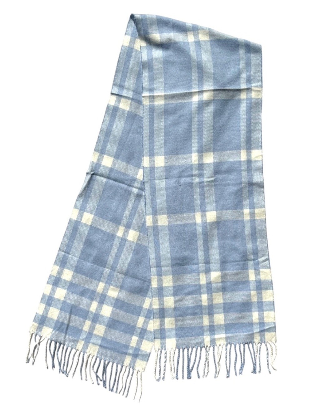100% Cashmere Scarf Blue Cream Plaid Check Made in Scotland Fringe Soft Luxury